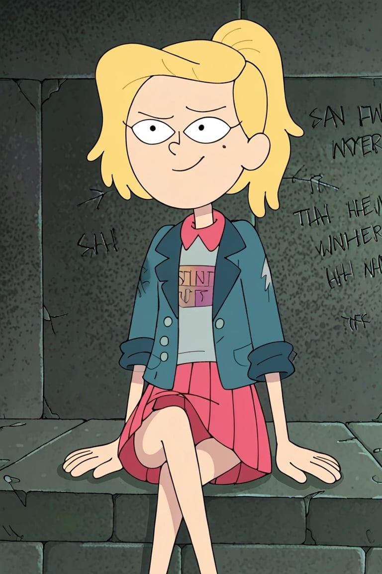 sasha waybright, blonde hair, ponytail, black eyes, mole under eye,

Outfit: blue shirt, logo on shirt, pink skirt, pleated skirt, denim jacket,blue shirt,
sitting, dominance, crossed legs