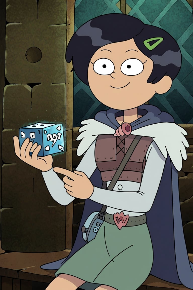 Marcy Wu, black hair, short hair, green hairclip, grey skirt, black cape, sitting in a dungeon, holding dice, smiling, mouth_open