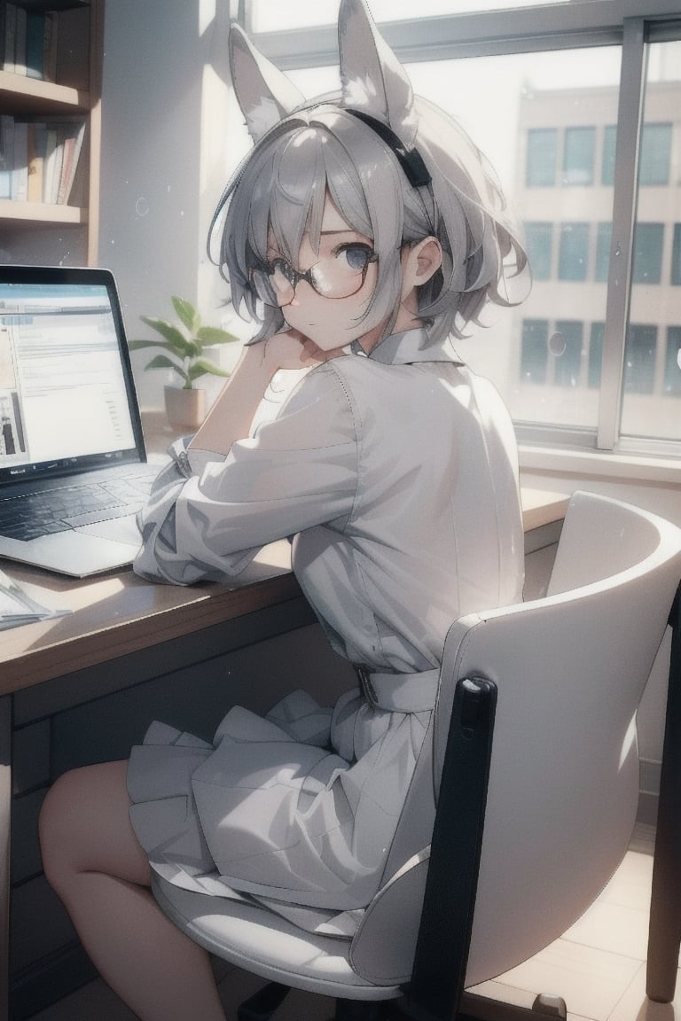 Masterpiece: A girl with short grey hair, wearing round-framed glasses and a dress, seen from behind, with grey rabbit ears on her head, sitting on a white computer chair, her face resting on a desk filled with books. It's raining heavily outside, and there's a laptop on the desk. She is lowering her head, closing her eyes, in a modern room.