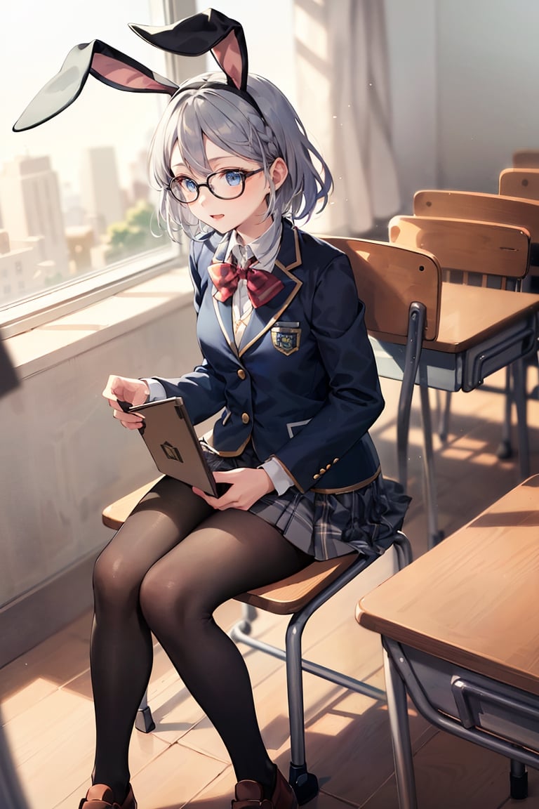 In a full-body illustration, portray a cheerful and beautiful girl with gray hair, wearing round glasses and a school uniform, gazing into the distance with a happy expression. Show her with gray rabbit ears on her head, holding a book in her hand, seated at a classroom desk.