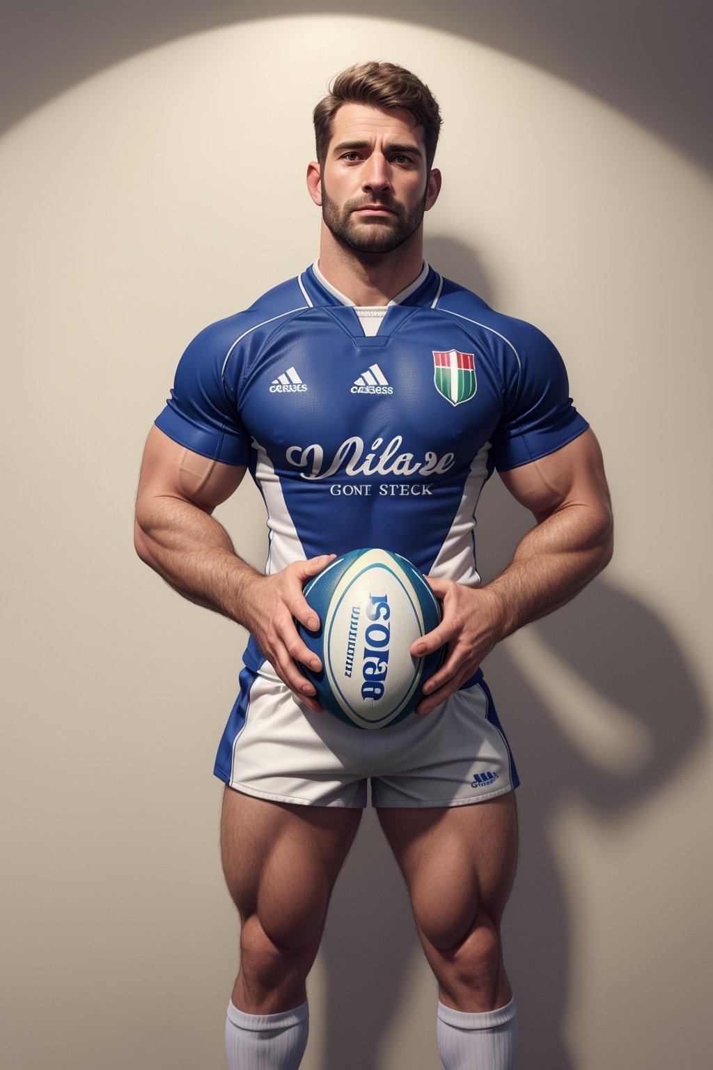 masterpiece, best quality, absurd res, 1man, white rugby shorts, wearing a blue jersey, photorealistic 3d render, masculine male, stern expression, standing facing the camera, hands griping a rugby ball, 30 years old, handsome Italian face, muscular, indirect light, shaved beard, full body shot, white cleats, real hands, locker room background, high definition