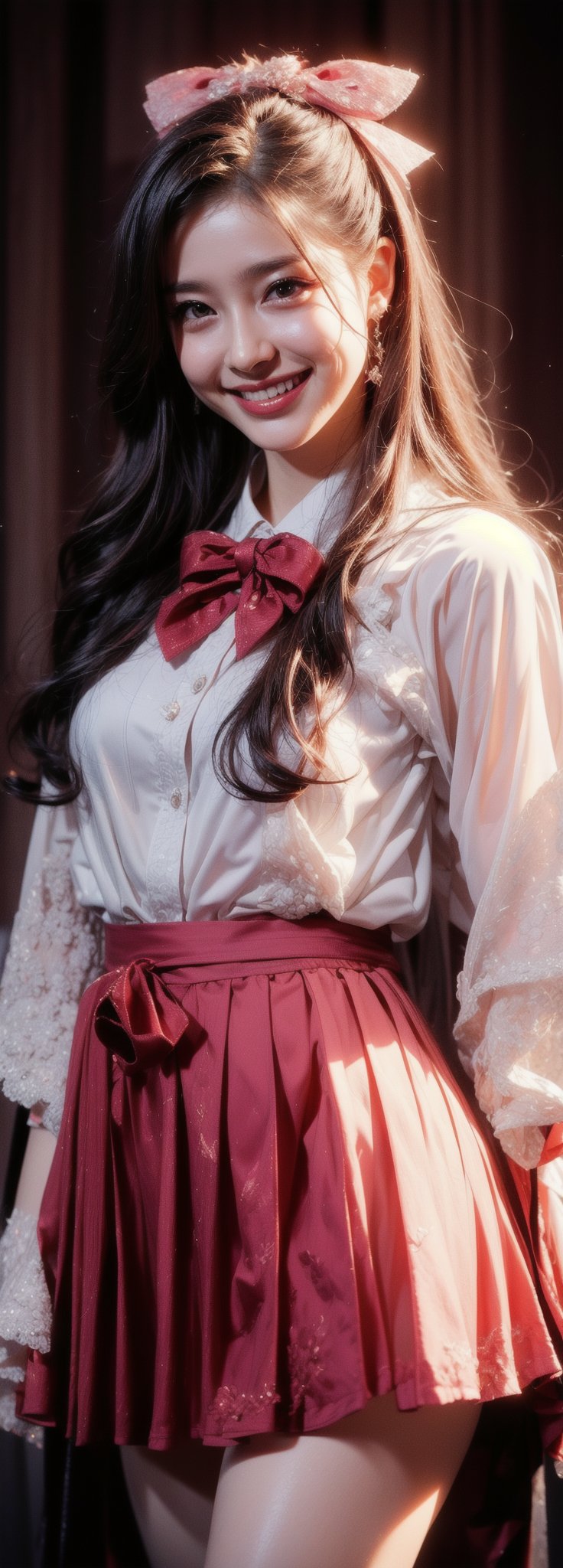 (Masterpiece, Top Quality, Best Quality, Official Art, Beauty and Aesthetics: 1.2), HDR, high contrast, wide shot(majestic:1.5), hyper realistic, highly detailed, uhd:1.3, RAW photo, ,Japanese ,Idol,1girl, grin, bow on head, pale skin,  school_uniform, pleated_skirt,1 girl