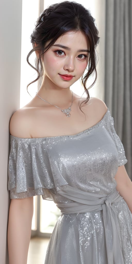 A stunning portrait of a Japanese idol with her hair styled in an elegant updo, smile, necklace, off-shoulder dress, showcases a mesmerizing crystal and silver entanglement above her waist. The high-definition image is a masterpiece, featuring intricate textures and hyper-quality details that leap off the page. Every delicate texture is meticulously rendered, ,idol