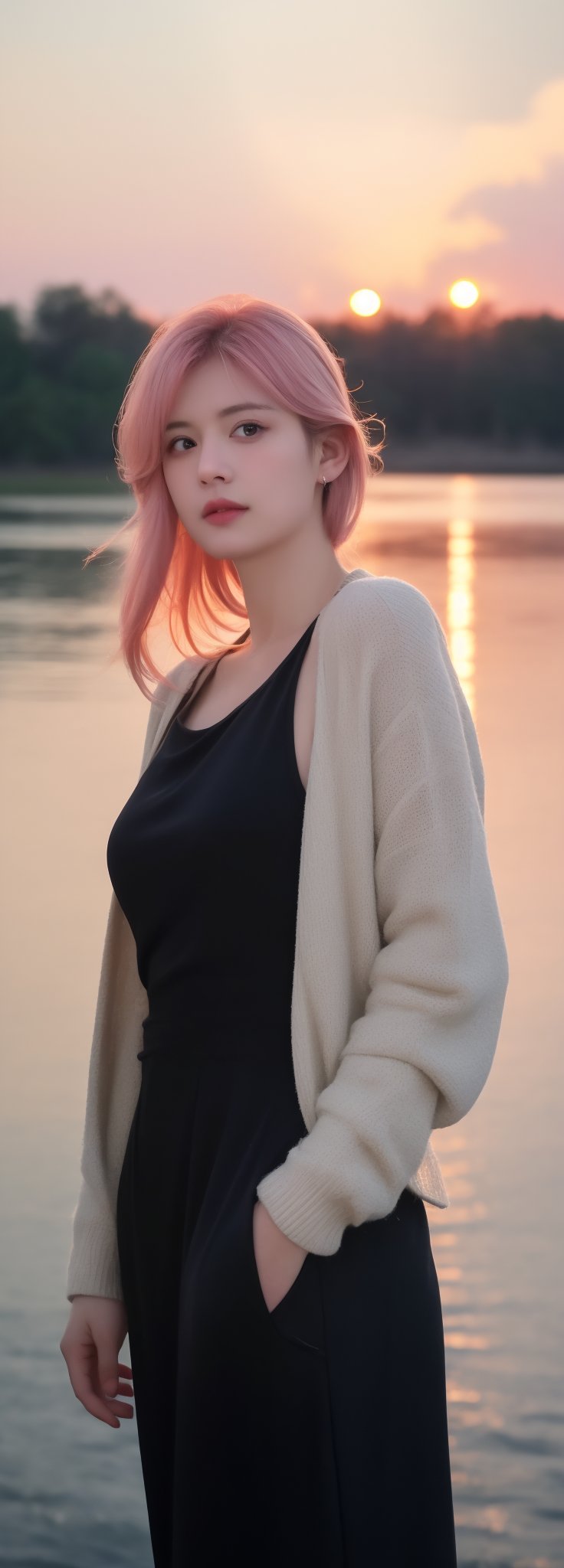 Best work, (Best quality, ,HDR, 8k, 32k, raw photo, photorealistic, UHD:1.2), beautiful 20 year old girl in long black dress at the lakeside in a forest, eyes, pink hair, detailed face, perfect face, pond, dark sky, lights in the background, realism, red sky, detailed sky, realistic clouds, sun, bright environment, late afternoon, sun rays in the clouds,idol,Korean,perfect light,korean,beauty