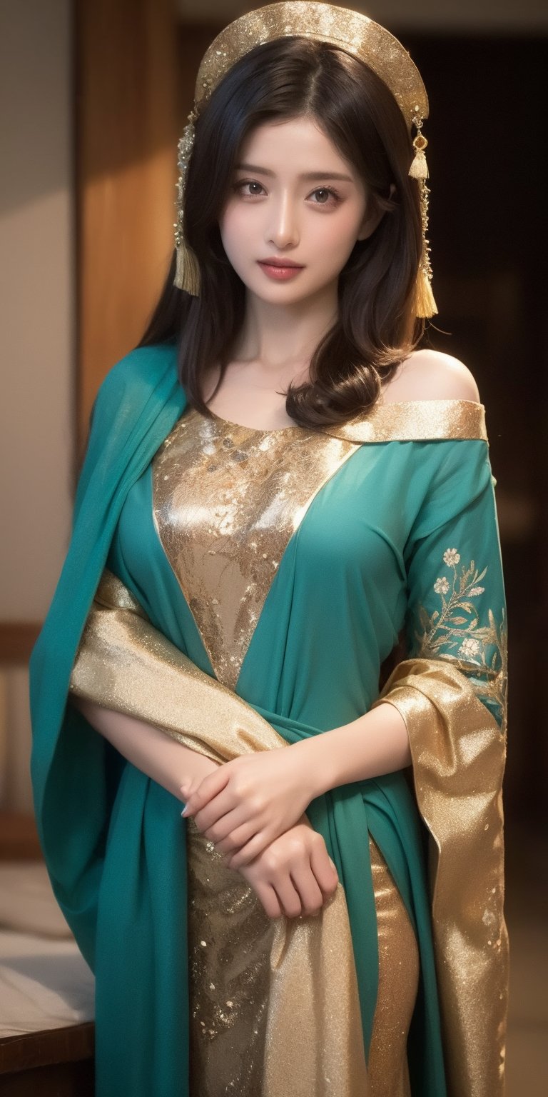 Her hair is long, dark, and lustrous, partially visible beneath the elegantly draped dupatta that adorns her head and shoulders, respecting her Muslim heritage. The dupatta, a piece of fine, lightweight fabric, is richly embroidered with traditional Pakistani motifs, incorporating colors like deep reds, vibrant greens, and golds, symbolizing the richness of her culture.,Korean,Japanese