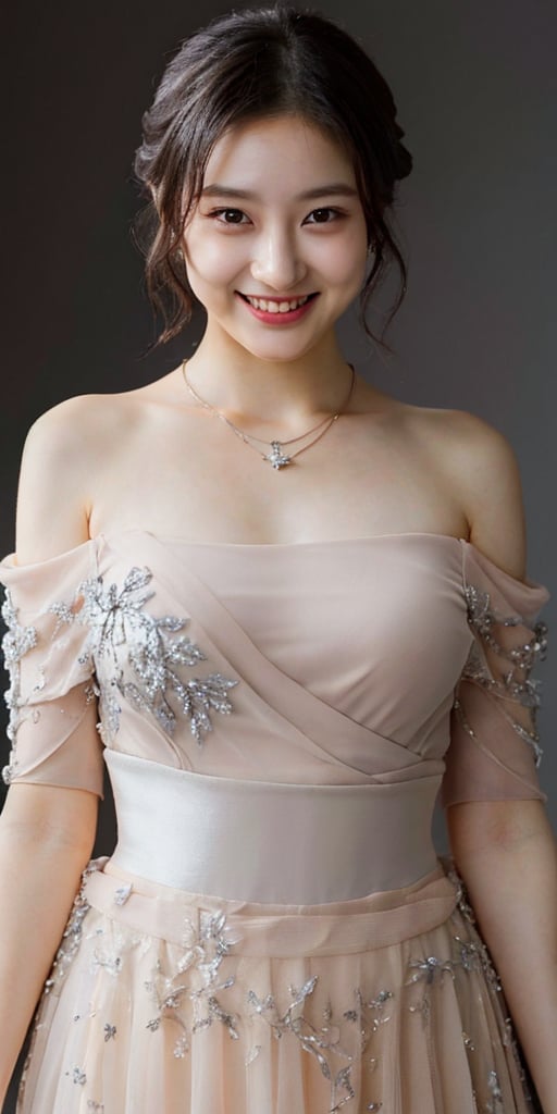 A stunning portrait of a Japanese idol with her hair styled in an elegant updo, smile, necklace, off-shoulder dress, showcases a mesmerizing crystal and silver entanglement above her waist. The high-definition image is a masterpiece, featuring intricate textures and hyper-quality details that leap off the page. Every delicate texture is meticulously rendered, 