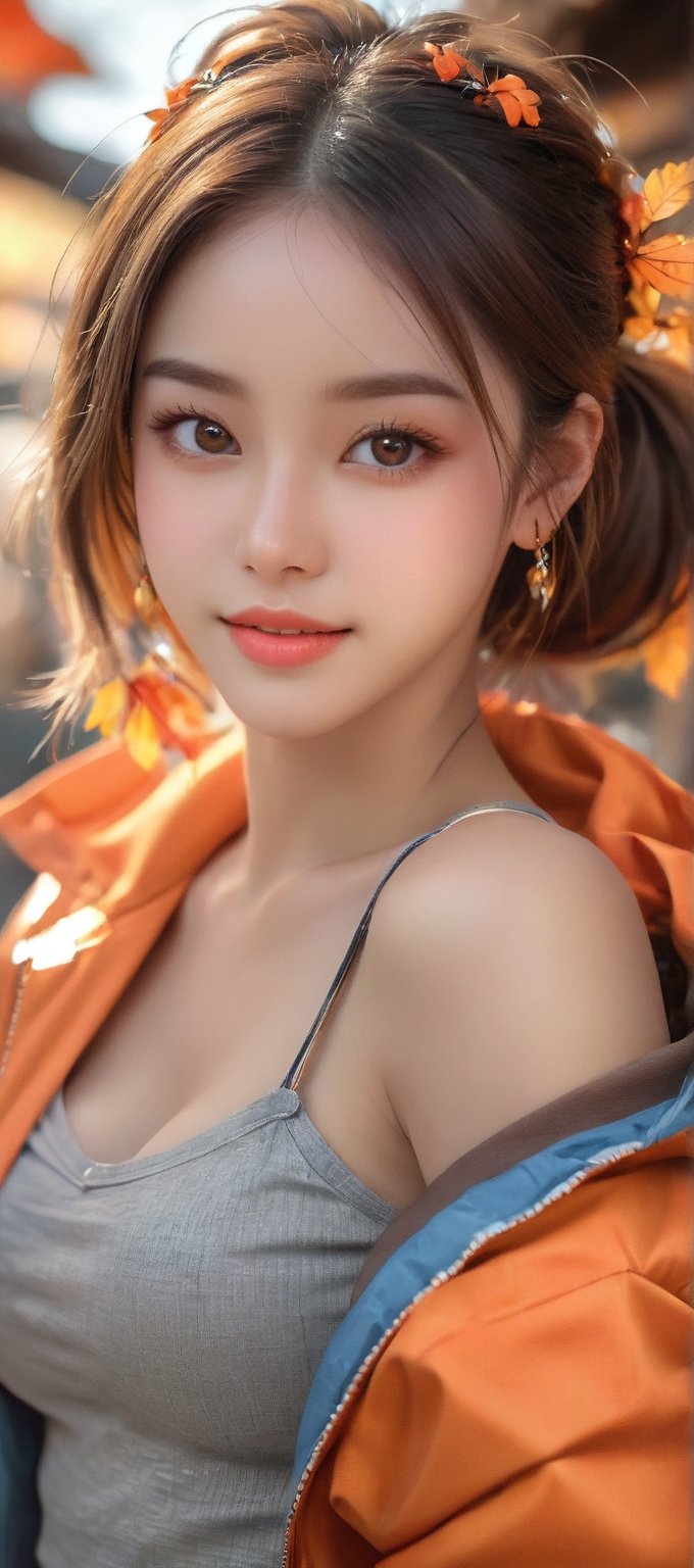 best quality, masterpiece, beautiful and aesthetic, 16K, (HDR:1.4), high contrast, bokeh:1.2, lens flare, (vibrant color:1.4), (muted colors, dim colors, soothing tones:0), cinematic lighting, ambient lighting, sidelighting, Exquisite details and textures, cinematic shot, Warm tone, (Bright and intense:1.2), wide shot, by playai, ultra realistic illustration, siena natural ratio, anime style, (Renaissance fantasy theme:1.2), (sexy girl costume:1.3), (random view:1.4), (random poses:1.4), dark brown Afro ponytail hairstyle, (a charming smile:1), Orange bracelet, wearing a plastic jacket, jeans, a beautiful instagram Hot Korean model, gray eyes, a small earrings, eticulously detailed in a mesmerizing and colorful (fractal art:1.3) style, ultra realistic illustration 
,Thailand 