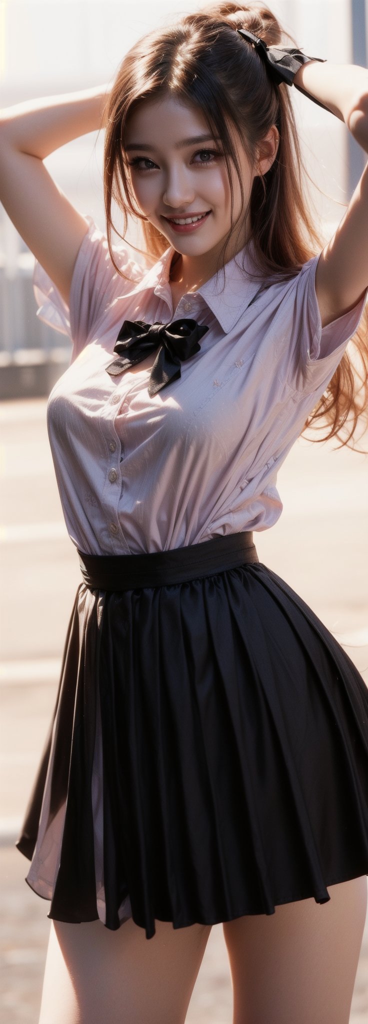 (Masterpiece, Top Quality, Best Quality, Official Art, Beauty and Aesthetics: 1.2), HDR, high contrast, wide shot(majestic:1.5), hyper realistic, highly detailed, uhd:1.3, RAW photo, ,Japanese ,Idol,1girl, grin, bow on head, pale skin,  school_uniform, pleated_skirt,1 girl