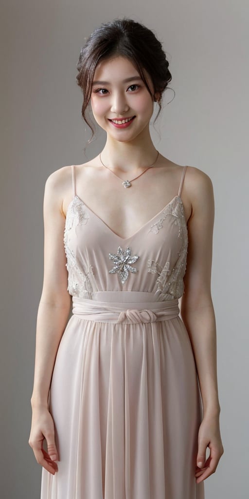 A stunning portrait of a Japanese idol with her hair styled in an elegant updo, smile, necklace, chiffon dress, showcases a mesmerizing crystal and silver entanglement above her waist. The high-definition image is a masterpiece, featuring intricate textures and hyper-quality details that leap off the page. Every delicate texture is meticulously rendered, 