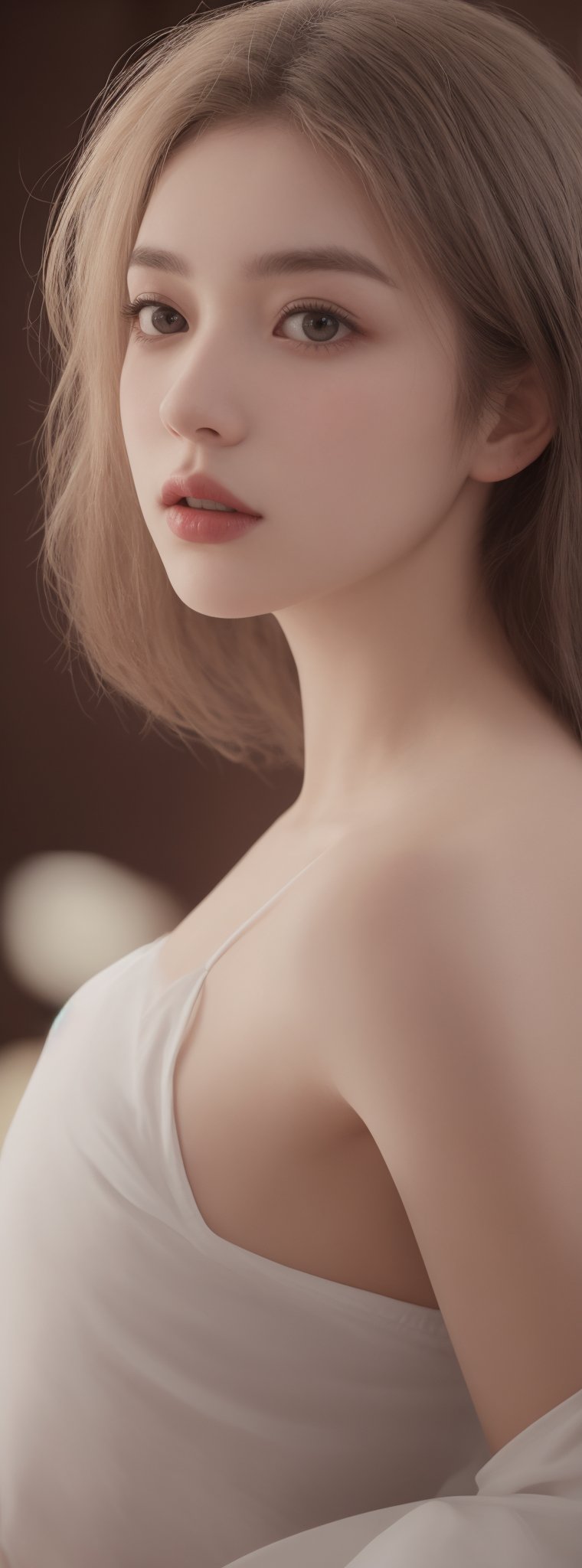 a beautiful girl 18 years, with silver short hair, messy hair, red lipstic, full lips, alluring, portrait by Charles Miano, , soft lighting, detailed, more Flowing rhythm, elegant, low contrast,Korean,Japanese,perfect light