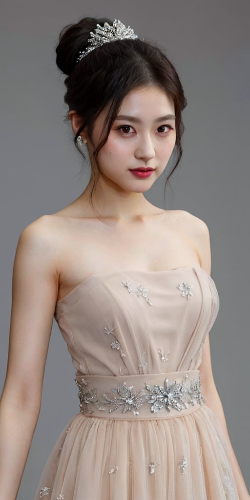 A stunning portrait of a Japanese idol with her hair styled in an elegant updo, showcases a mesmerizing crystal and silver entanglement above her waist. The high-definition image is a masterpiece, featuring intricate textures and hyper-quality details that leap off the page. Every delicate texture is meticulously rendered, 