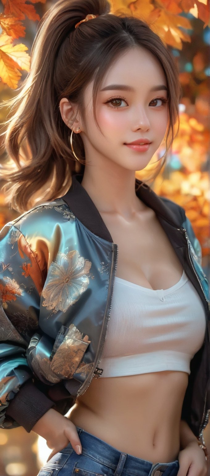 best quality, masterpiece, beautiful and aesthetic, 16K, (HDR:1.4), high contrast, bokeh:1.2, lens flare, (vibrant color:1.4), (muted colors, dim colors, soothing tones:0), cinematic lighting, ambient lighting, sidelighting, Exquisite details and textures, cinematic shot, Warm tone, (Bright and intense:1.2), wide shot, by playai, ultra realistic illustration, siena natural ratio, anime style, (Renaissance fantasy theme:1.2), (sexy girl costume:1.3), (random view:1.4), (random poses:1.4), dark brown Afro ponytail hairstyle, (a charming smile:1), Orange bracelet, wearing a plastic jacket, jeans, a beautiful instagram Hot Korean model, gray eyes, a small earrings, eticulously detailed in a mesmerizing and colorful (fractal art:1.3) style, ultra realistic illustration 
,Thailand 