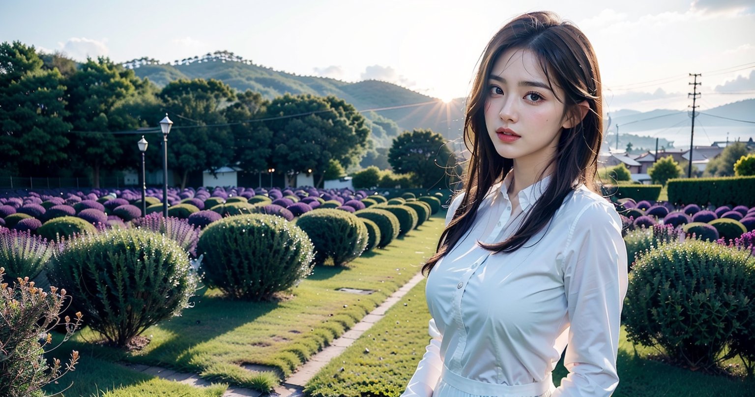 1girl, solo, long hair, pastel green hair, outdoor, purple lavender field, scenery, folk dress, white shirt, beautiful smile, long sleeves, standing, grey eyes,  (extremely detailed, incredible details, full colored), complex details, hyper maximalist, gorgeous sunset light and shadow, detailed decoration, detailed lines. masterpiece, best quality, HDR, UHD, high color contrast,slavic dress,Ava