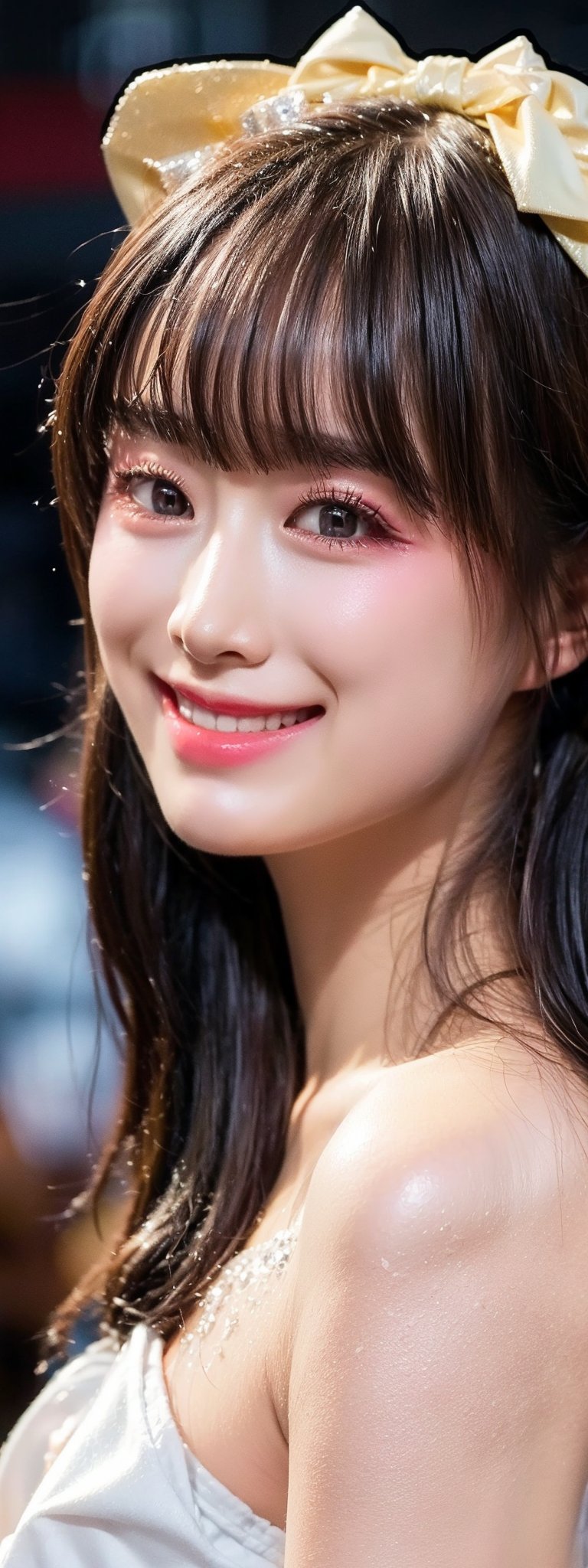 (Masterpiece, Top Quality, Best Quality, Official Art, Beauty and Aesthetics: 1.2), HDR, high contrast, wide shot(majestic:1.5), hyper realistic, highly detailed, uhd:1.3, RAW photo, ,Japanese ,idol,1girl, grin, bow on head, pale skin,beauty