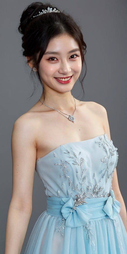 A stunning portrait of a Japanese idol with her hair styled in an elegant updo, smile, necklace, chiffon dress, showcases a mesmerizing crystal and silver entanglement above her waist. The high-definition image is a masterpiece, featuring intricate textures and hyper-quality details that leap off the page. Every delicate texture is meticulously rendered, 