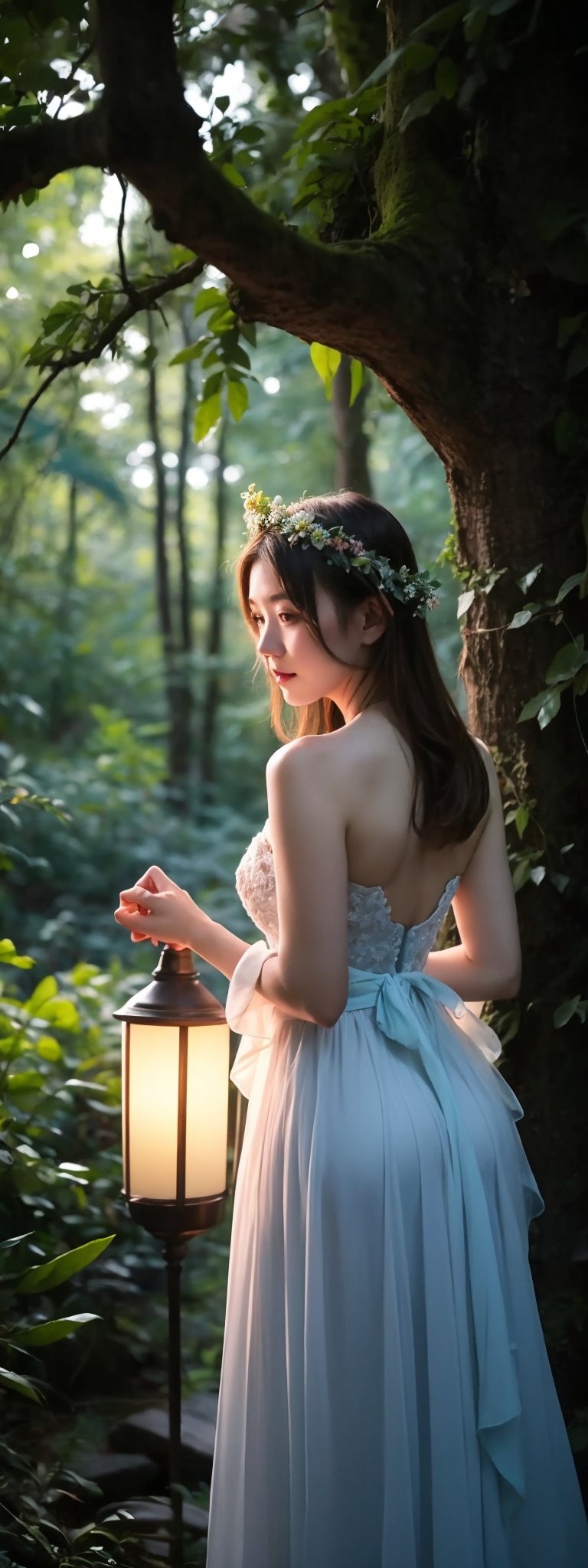 Setting: Dense forest with natural light filtering through trees.
Wardrobe: Ethereal gowns, flower crowns.
Props: Lanterns, fairy lights, books.
Mood: Mystical, enchanting, and serene.
Backlighting,perfect light,korean,idol