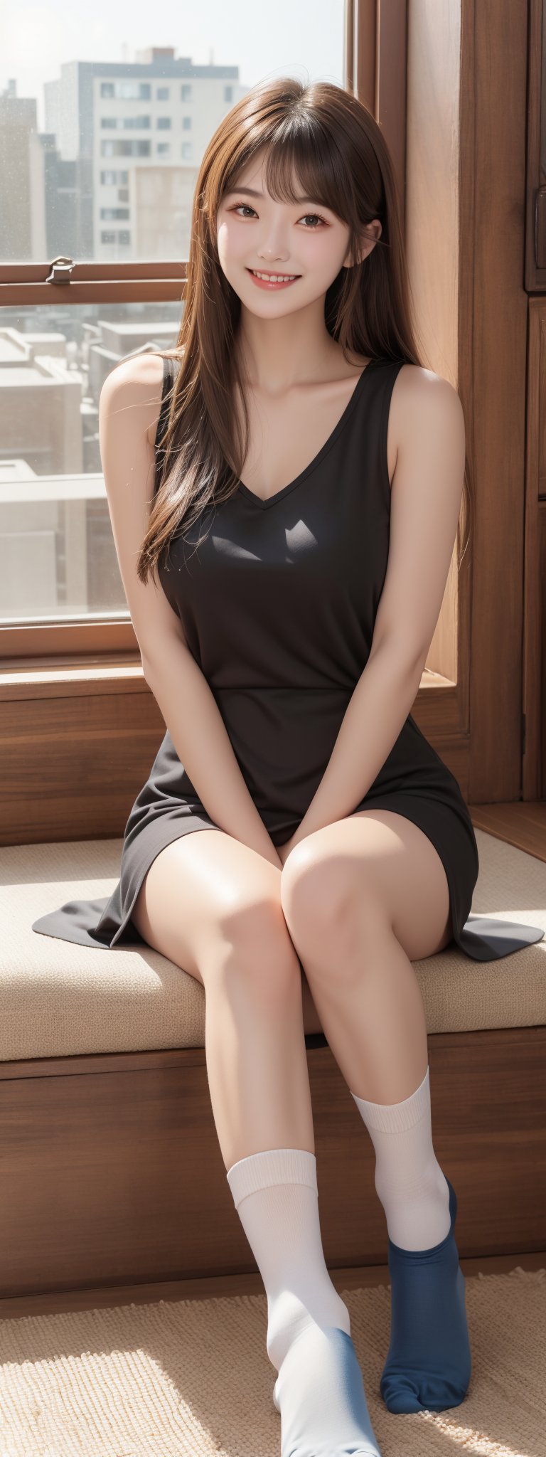 1girl, solo, long hair, looking at viewer, bangs, brown hair, black hair, dress, sitting, big smile, sleeveless, socks, indoors, mole, lips, window, perfect light,Korean