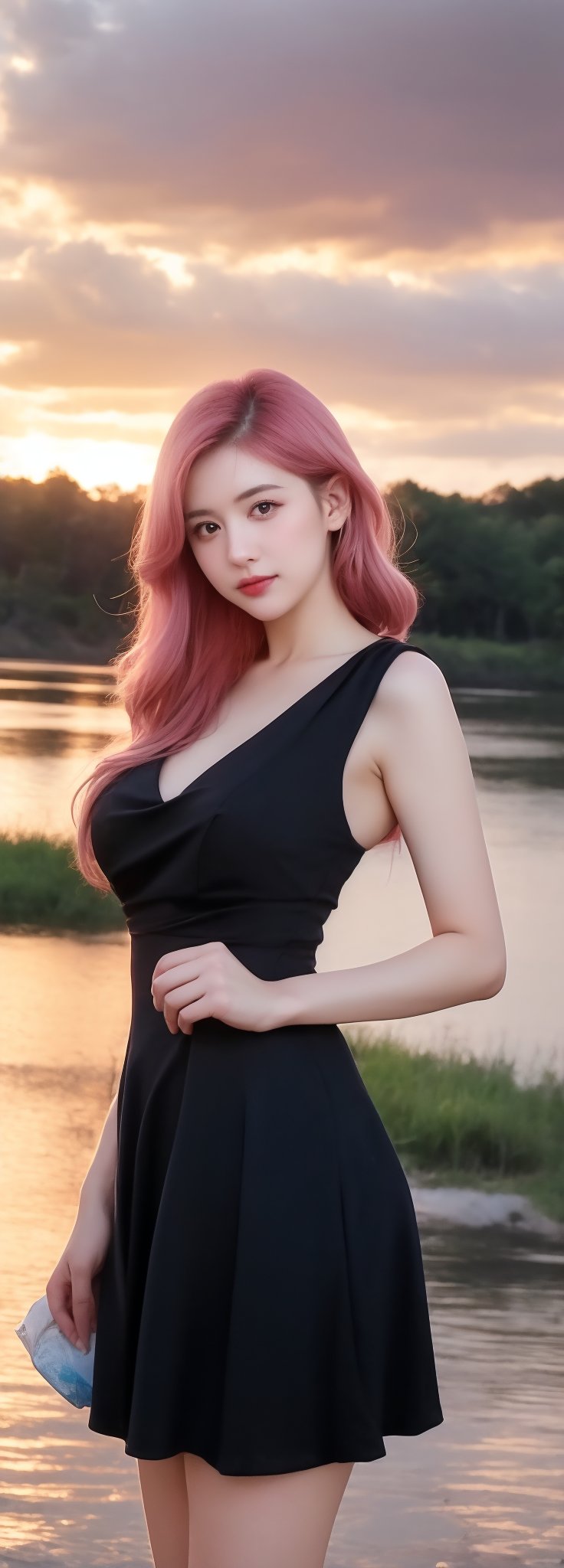 Best work, (Best quality, ,HDR, 8k, 32k, raw photo, photorealistic, UHD:1.2), beautiful 20 year old girl in long black dress at the lakeside in a forest, eyes, pink hair, detailed face, perfect face, pond, dark sky, lights in the background, realism, red sky, detailed sky, realistic clouds, sun, bright environment, late afternoon, sun rays in the clouds,idol,Korean,perfect light,korean,beauty