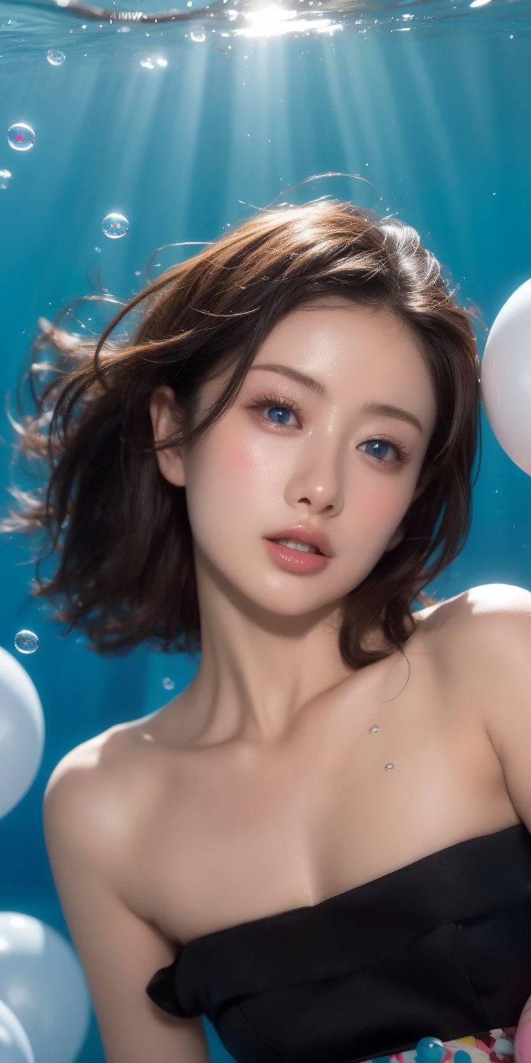1girl, solo, looking at viewer, short hair, blue eyes, brown hair, black hair, collarbones, parted lips, water, lips, white chiffon, sunlight,colorful  bubbles, underwater, ((small bubbles)), red balloons,Korean,Japanese