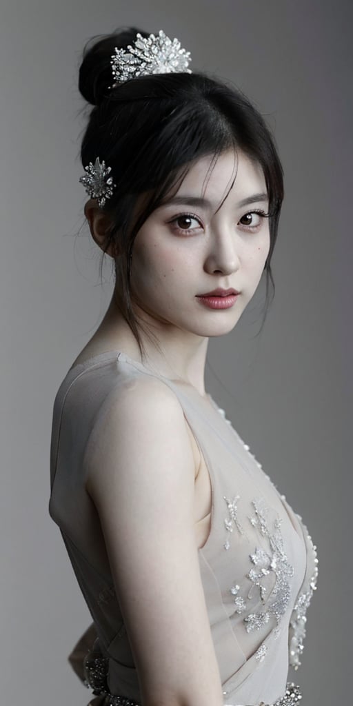 A stunning black and white portrait of a Japanese idol with her hair styled in an elegant updo, showcases a mesmerizing crystal and silver entanglement above her waist. The high-definition image is a masterpiece, featuring intricate textures and hyper-quality details that leap off the page. Every delicate texture is meticulously rendered, 