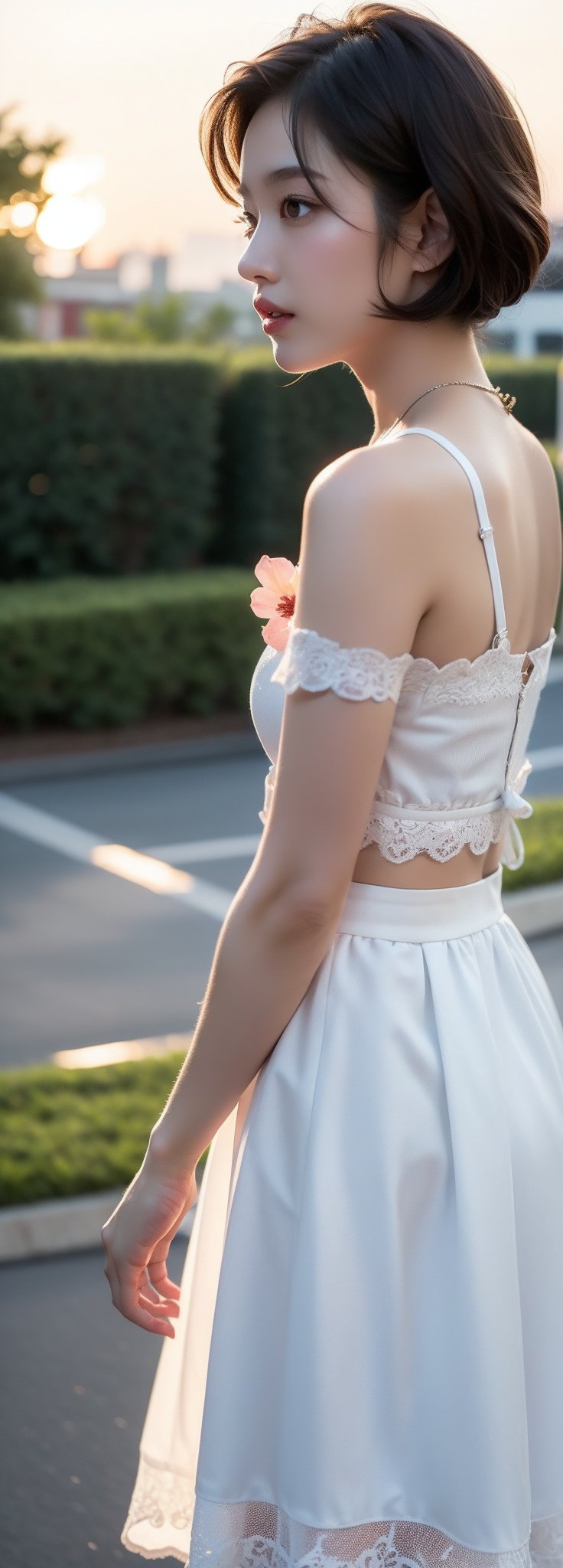 front-view,  1girl, ,Masterpiece, exquisite details, perfect focus, unified 8K wallpaper, high resolution, fine textures in every detail, solo, short hair, black hair, White long skirt,whole body, flower,  sunset,movie mood,Beautiful,  perfect light,  ,Korean,Beauty,idol