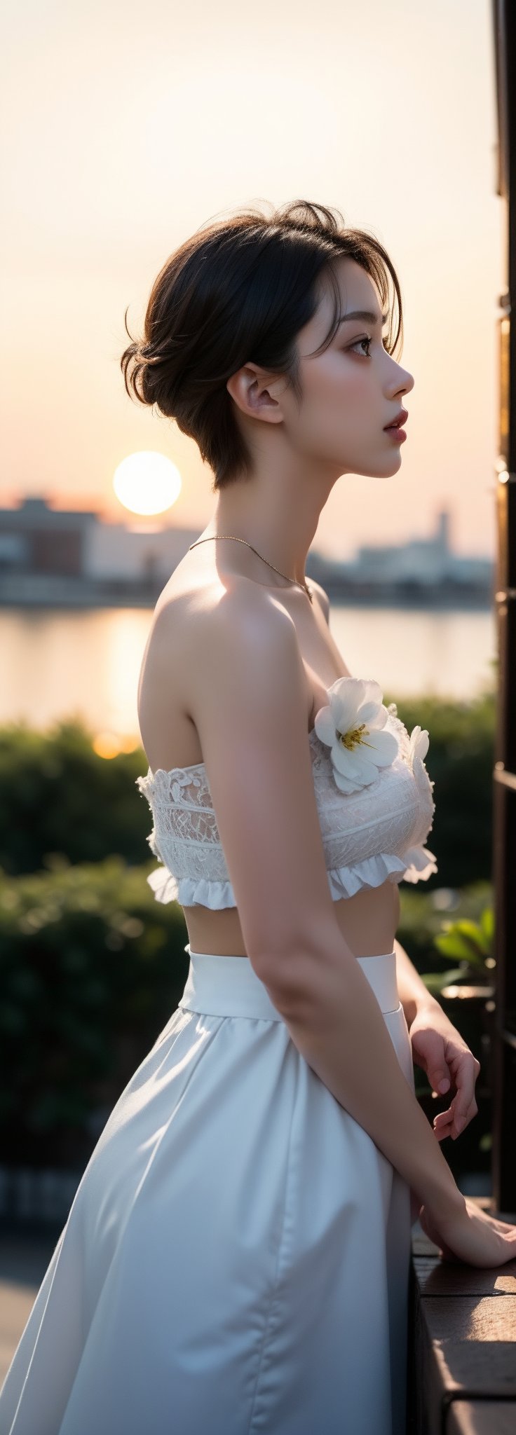Masterpiece, exquisite details, perfect focus, unified 8K wallpaper, high resolution, fine textures in every detail,front view, 1girl, solo, short hair, black hair, White long skirt,whole body, flower, redscale, profile,sunset,movie mood,Beautiful,  perfect light,  ,Korean,Beauty