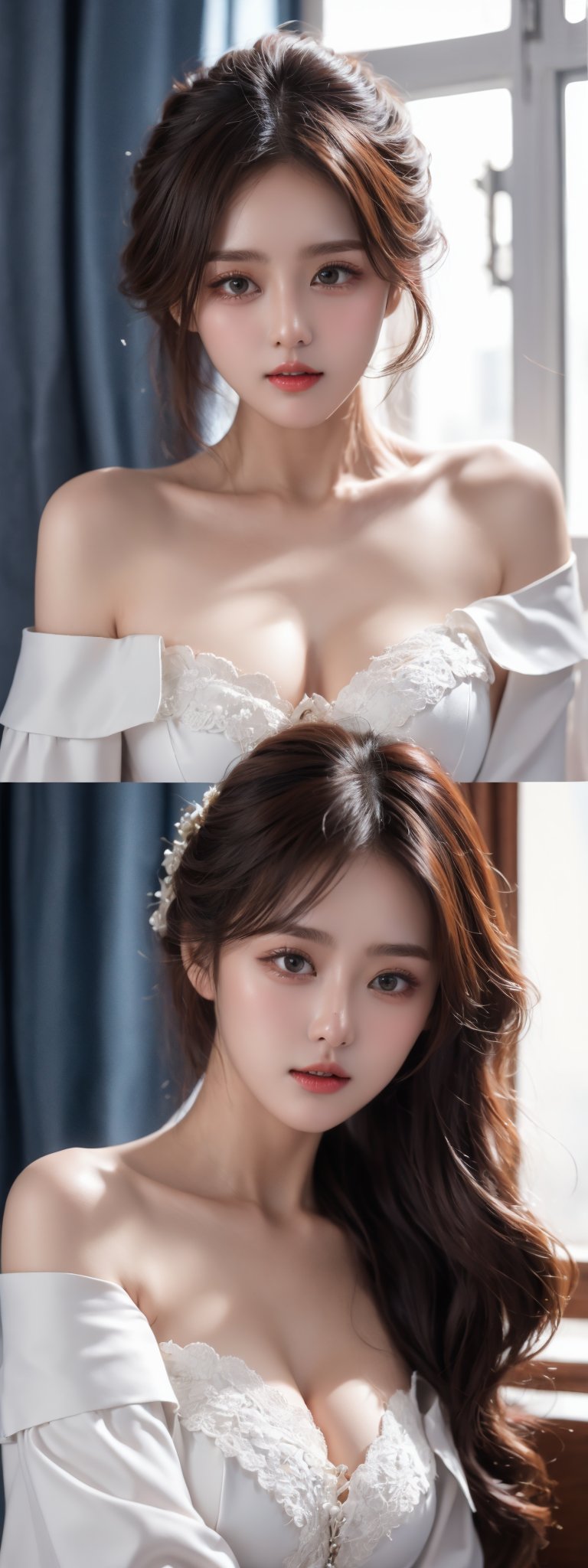 masterpiece, 8k, 1 girl - key lighting, blouse, detailed face, off shoulder, dynamic move, windows ,Korean,Beauty,Asian