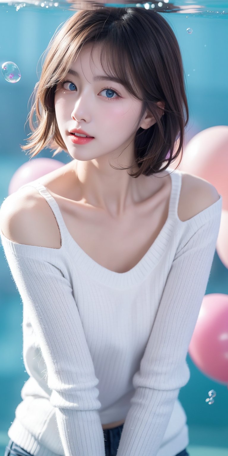 1girl, solo, looking at viewer, short hair, blue eyes, brown hair, black hair, collarbones, parted lips, water, lips, white sweater, sunlight, bubbles, underwater, ((small bubbles)), red balloons ,korean,perfect light,idol