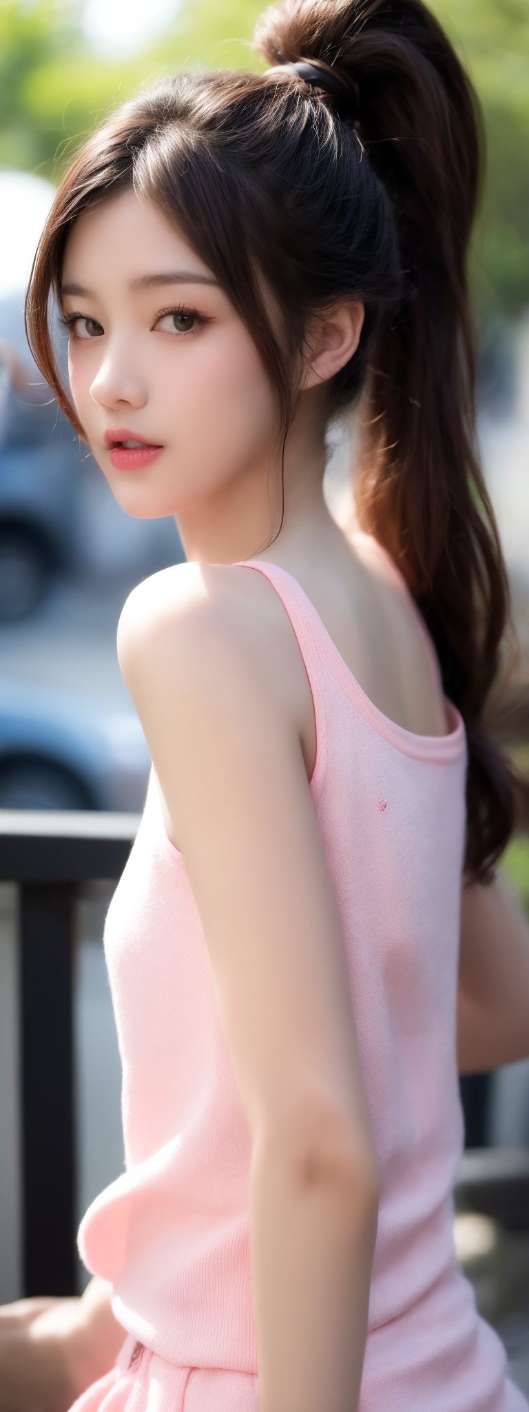 (best quality, masterpiece), 1girl, looking at viewer, blurry background, upper body, contemporary, dress, pretty, sporty clothes, brown hair, cute pink top, ponytail, CK, ,Beauty,Korean