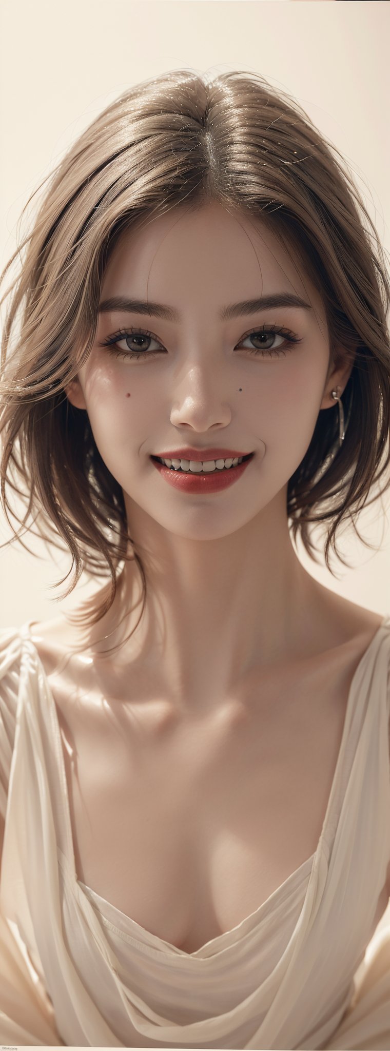 a beautiful girl 18 years, with silver short hair, messy hair, GRIN,red lipstic, full lips, alluring, portrait by Charles Miano, pastel drawing, illustrative art, soft lighting, detailed, more Flowing rhythm, elegant, low contrast,Korean,Japanese,perfect light