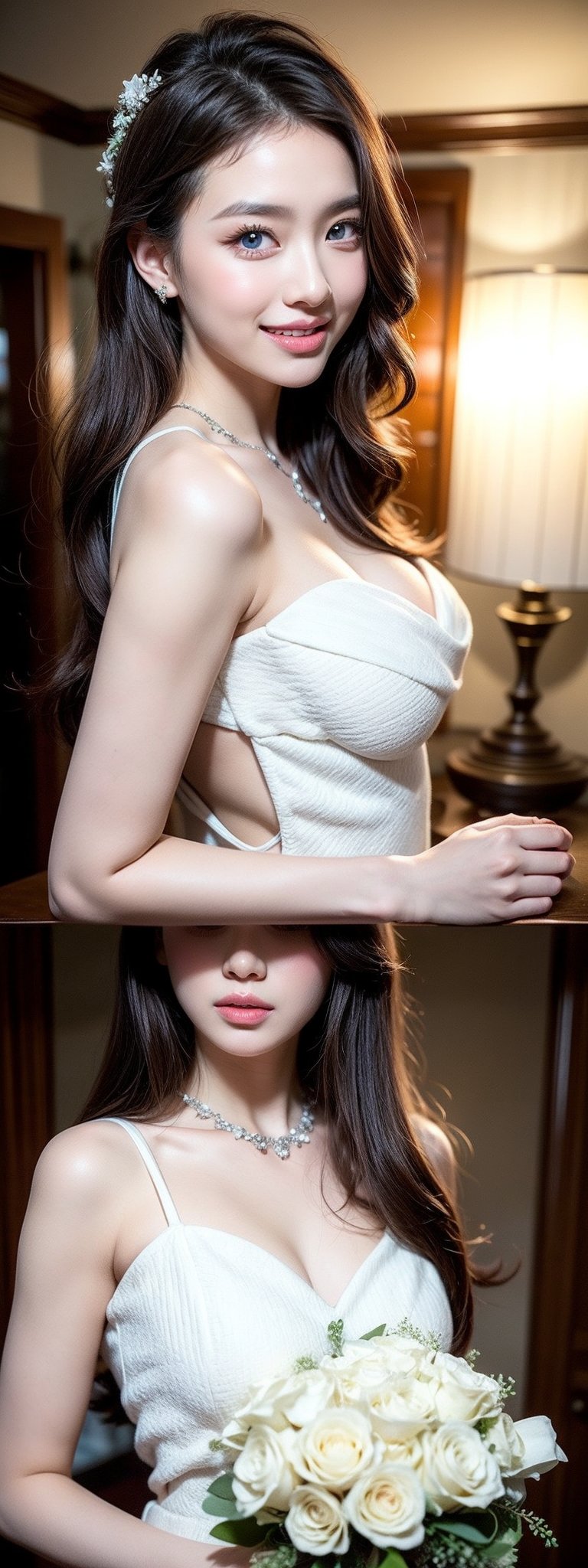 A stunning 26-year-old Korean beauty,  stands tall at 180cm, her long black hair cascading down her porcelain-like skin. Her piercing blue eyes sparkle with joy as she wears a breathtaking white wedding dress adorned with  jewelry. The camera captures the radiant bride in mid-bouquet toss, her entire face aglow with happiness. Her hourglass figure is accentuated by the flowing gown, creating a photorealistic depiction of beauty.