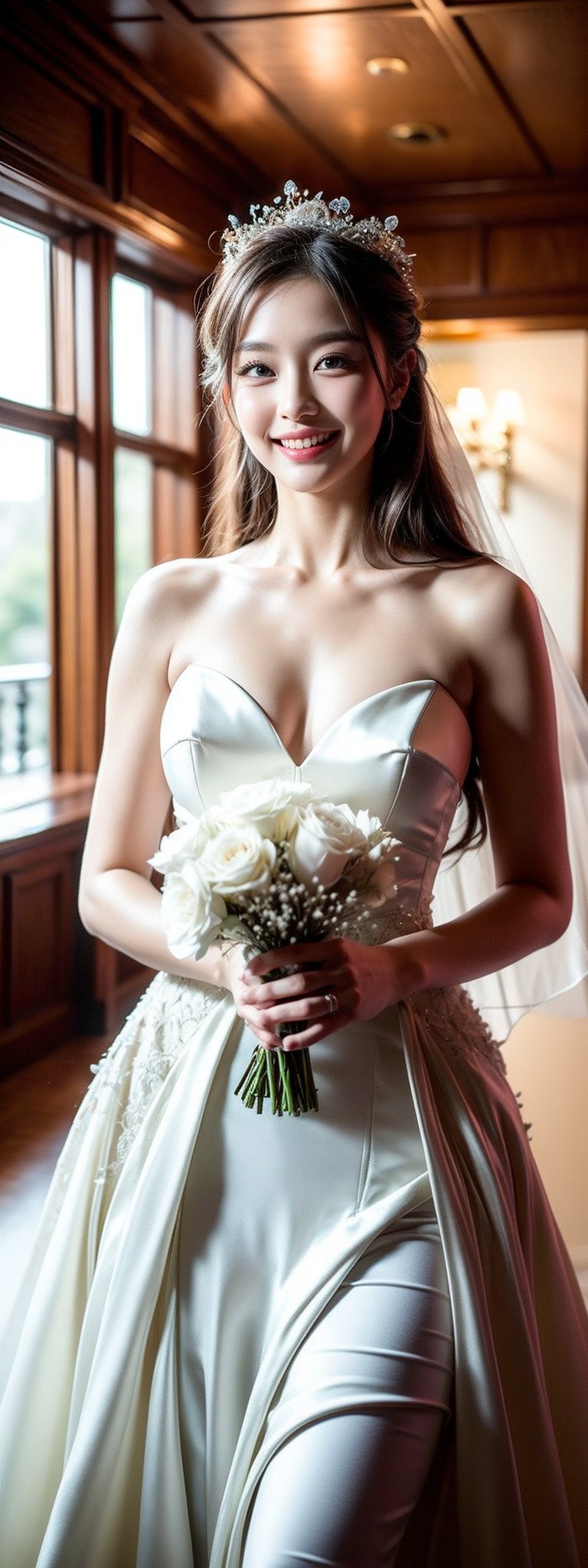 A stunning 26-year-old Korean beauty, Hani, stands tall at 180cm, her long black hair cascading down her porcelain-like skin. Her piercing blue eyes sparkle with joy as she wears a breathtaking white wedding dress adorned with  jewelry. The camera captures the radiant bride in mid-bouquet toss, her entire face aglow with happiness. Her hourglass figure is accentuated by the flowing gown, creating a photorealistic depiction of beauty.