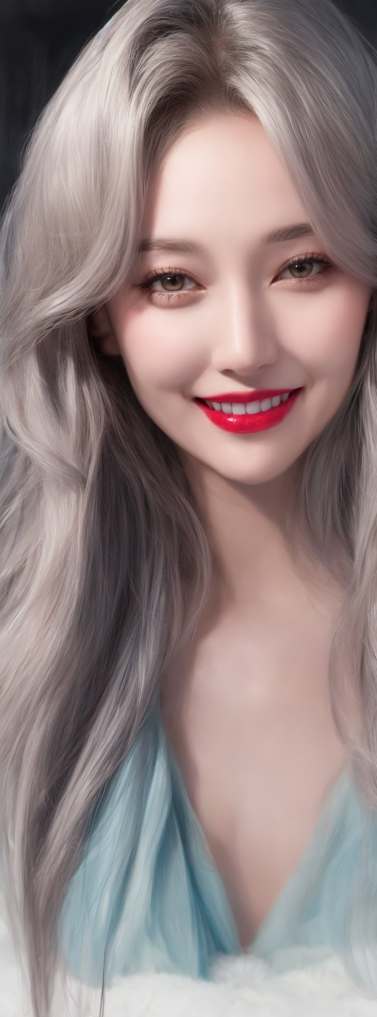 a beautiful girl 18 years, with silver short hair, messy hair, GRIN,red lipstic, full lips, alluring, portrait by Charles Miano, pastel drawing, illustrative art, soft lighting, detailed, more Flowing rhythm, elegant, low contrast ,idol,1girl,korean,beauty,Korean