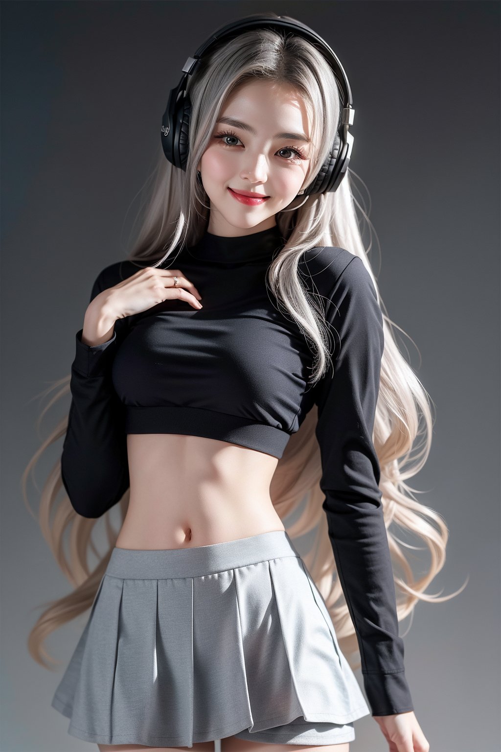 warm light room Beautiful woman with silver long hair against a grey background.over-the-ear headphones Smile, tight top, mini-skirt, cute Girl, NSFLW,