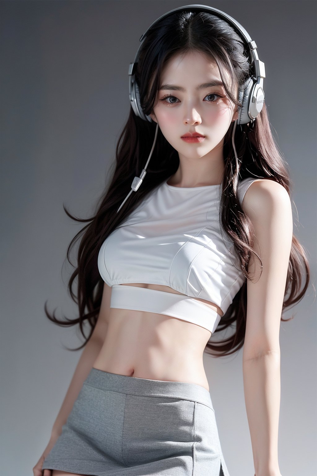 warm light room Beautiful woman with silver long hair against a grey background.over-the-ear headphones Smile, white thin tight top, thin mini-skirt, cute Girl, NSFLW, perfectl body anatomy 