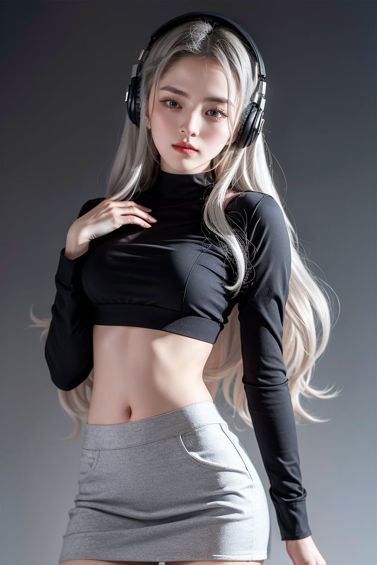 warm light room Beautiful woman with silver long hair against a grey background.over-the-ear headphones Smile, tight top, mini-skirt, cute Girl, NSFLW,