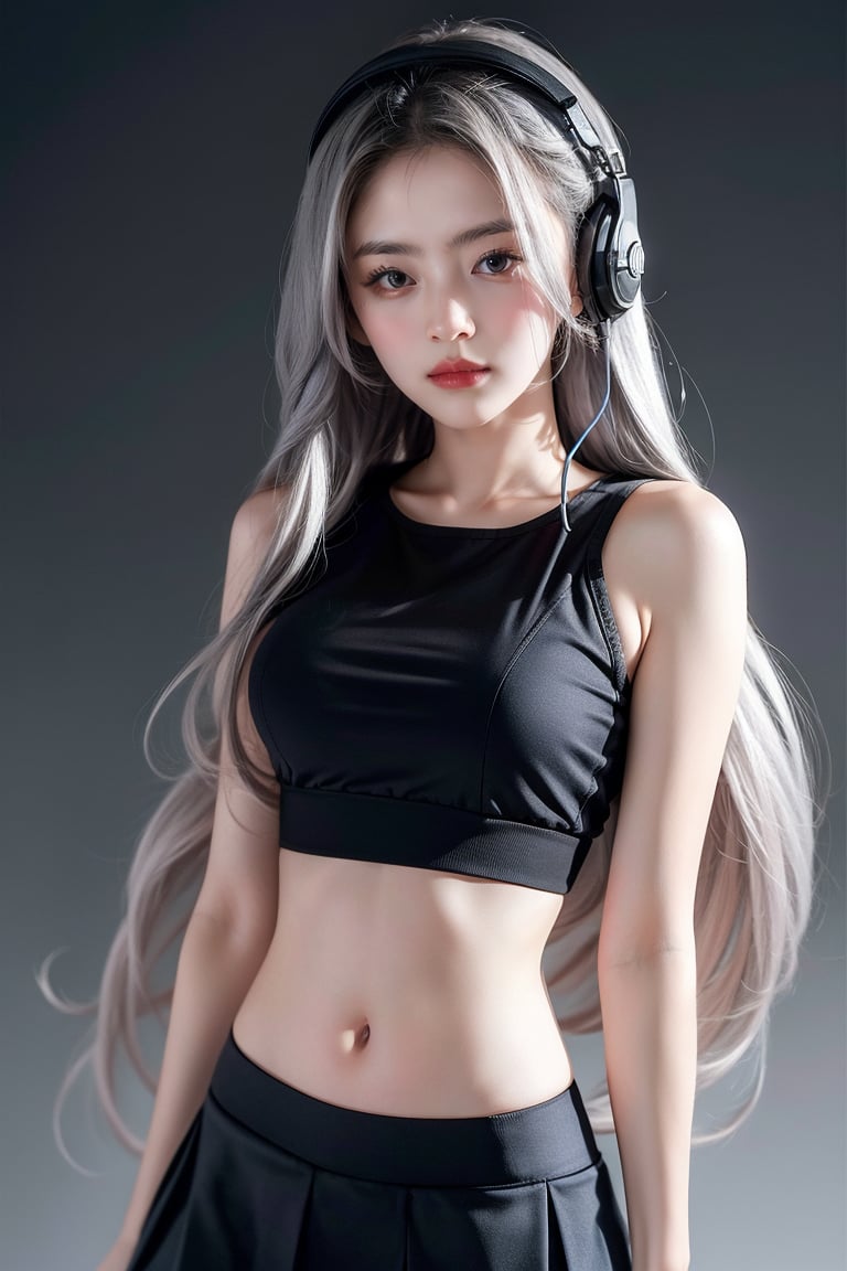 warm light room Beautiful woman with silver long hair against a grey background.over-the-ear headphones Smile, tight top, mini-skirt, cute Girl, NSFLW,