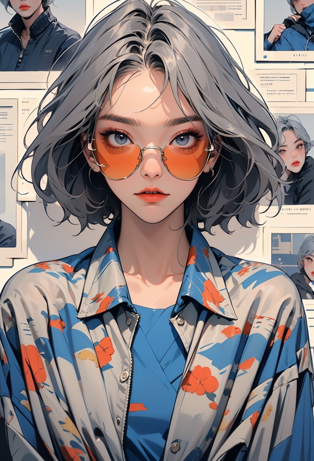 Blank background wall, looking at the viewer, looking up perspective, close-up, three people, shirt, upper body, gray hair, sunglasses, 3 boys, printed shirt, blue jacket, short hair, guweiz style