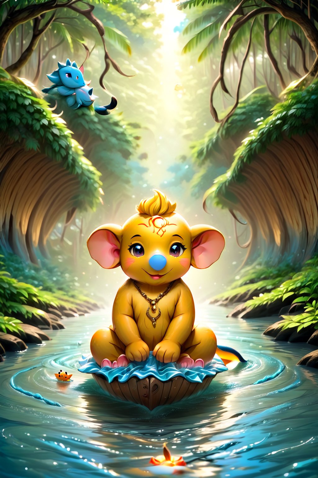 Lord Ganesh in child form coming through a river towards the camera in a wooden boat with his mouse doodle style 4k