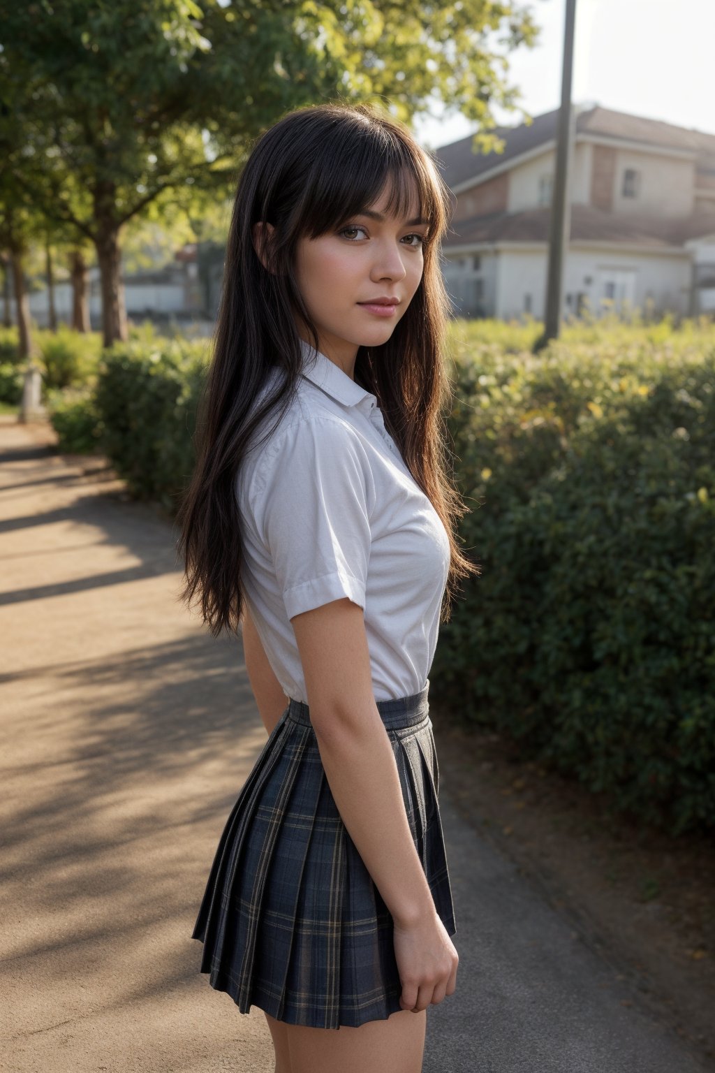 A 20 year old girl with short messy blue and black  hair (((masterpiece))), (((best quality))), Best picture quality, high resolution, 8k, realistic, sharp focus, realistic image of elegant lady, supermodel, girl, standing, wearing short-sleeved school uniform, dark-colored skirt, pleated skirt with tartan pattern, bubble socks, student shoes, light brown hair, long hair, green eyes, side-swept bangs, sideburns, phone, (wet body:1.0), sunlight, sweat, a dog, helf body, shoes removed, Head tilt, untucked, Profile, (high quality:1.0) (white background:0.8), detailed face, (blush:1.0), 1 girl,Young beauty spirit, ZGirl, perfect light, Detailedface,1 girl, big eyes, eye shadow ,SharpEyess, 
,perfecteyes eyes ,Smirk,Detailedface,perfect light,ZGirl,dreaming_background,photo of perfecteyes eyes,