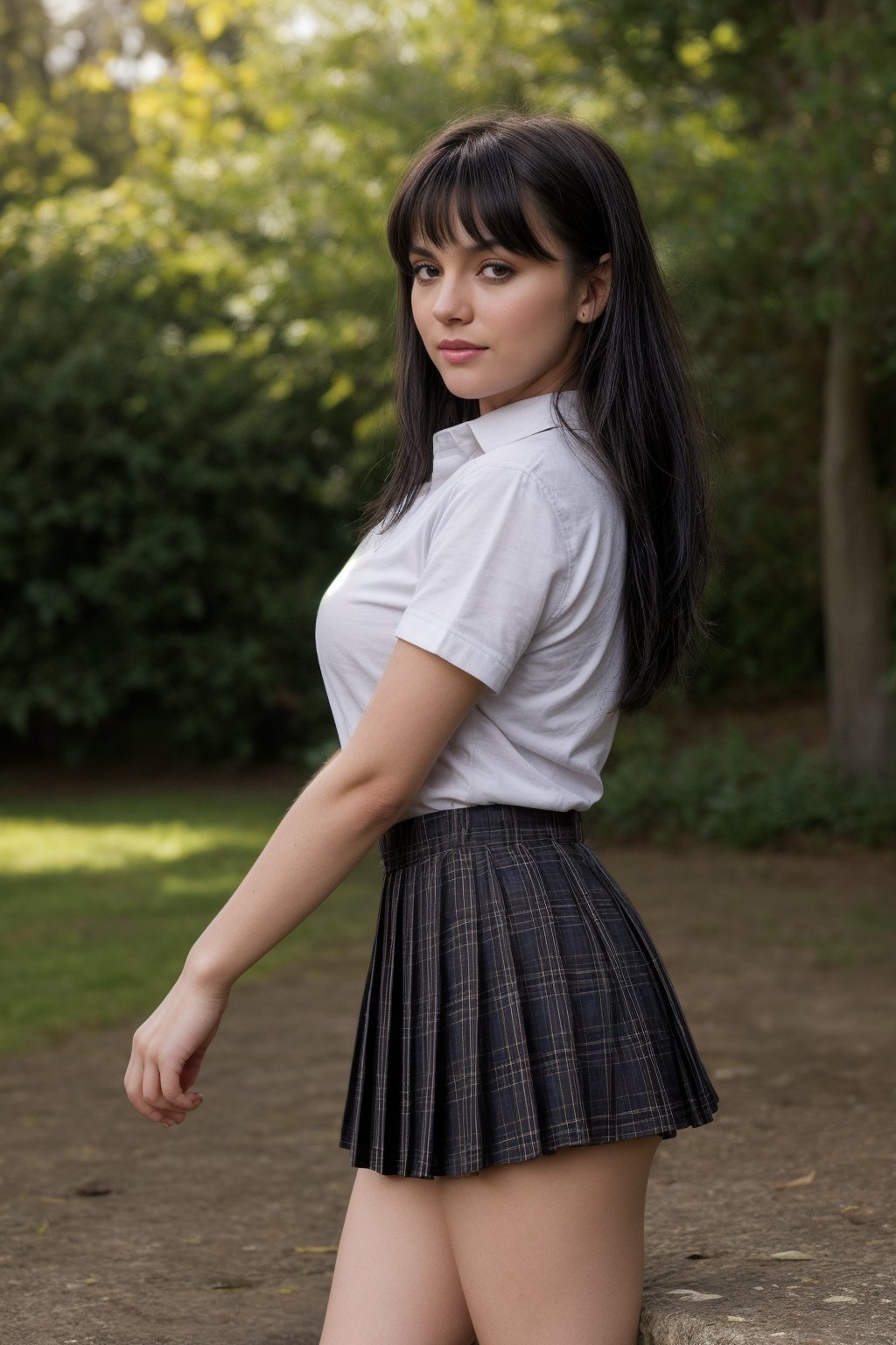 A 20 year old girl with short messy blue and black  hair (((masterpiece))), (((best quality))), Best picture quality, high resolution, 8k, realistic, sharp focus, realistic image of elegant lady, supermodel, girl, standing, wearing short-sleeved school uniform, dark-colored skirt, pleated skirt with tartan pattern, bubble socks, student shoes, light brown hair, long hair, green eyes, side-swept bangs, sideburns, phone, (wet body:1.0), sunlight, sweat, a dog, helf body, shoes removed, Head tilt, untucked, Profile, (high quality:1.0) (white background:0.8), detailed face, (blush:1.0), 1 girl,Young beauty spirit, ZGirl, perfect light, Detailedface,1 girl, big eyes, eye shadow ,SharpEyess, 
,perfecteyes eyes ,Smirk,Detailedface,perfect light,ZGirl,dreaming_background,photo of perfecteyes eyes,