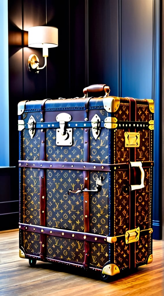 Masterpiece, UHD,  8 k, (what looks like a Louis Vuitton steamer trunk on wheels, large steamer trunk, HEIGHT four feet tall, two and half feet depth, standing on its end, trunk wide open, interior showing