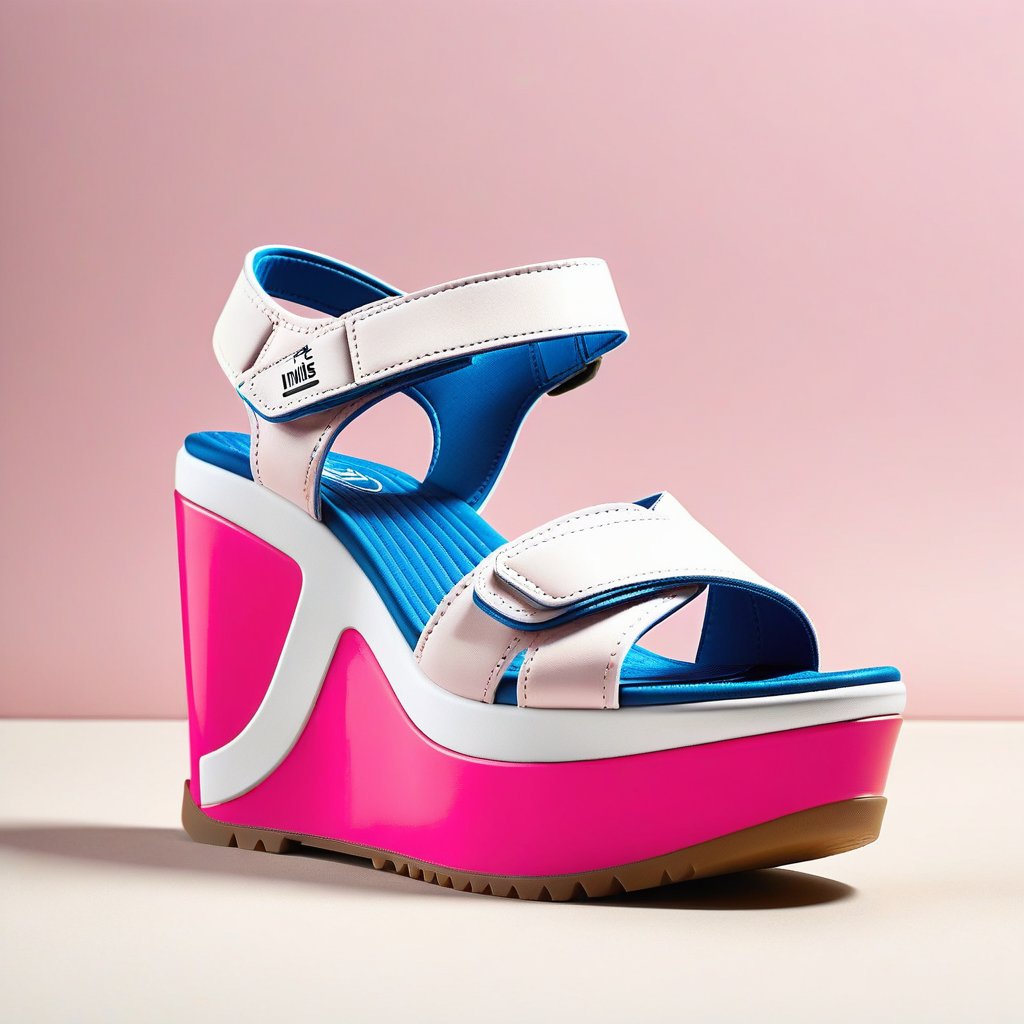 A focused image of single strap sandals with really high platform wedges, showcasing a chunky, sporty design with a prominent velcro strap in a playful pink and white color scheme, set against a plain, neutral-colored background, highlighting the sandal's bold, functional style and the impressive height of the wedges.