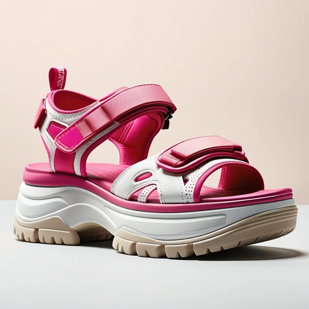 A dynamic shot of a really high platform sandal with a chunky, sporty design, featuring one velcro strap in a playful pink and white color scheme, set against a plain, neutral-colored background, showcasing the sandal's bold and functional style.