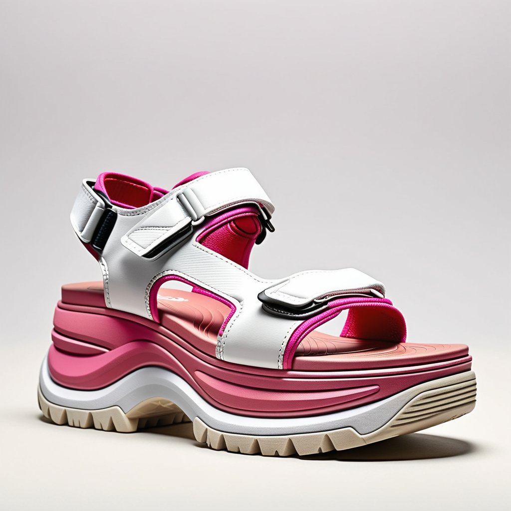 A detailed image of single strap sandals with a very gargantuan high platform on Caucasian feet, featuring a chunky, sporty design with a prominent velcro strap in a playful pink and white color scheme, set against a plain, neutral-colored background, emphasizing the sandal's extraordinary height and bold, functional style.