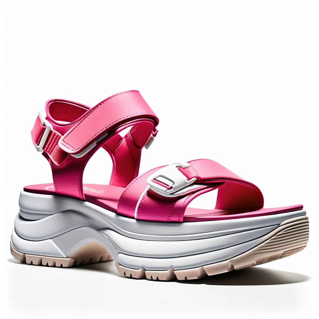 A detailed image of a really high platform sandal, showcasing the chunky, sporty design with a single prominent velcro strap in a playful pink and white color scheme, set against a plain, neutral-colored background, emphasizing the sandal's bold, functional style and towering height, with the simplicity of a single strap.