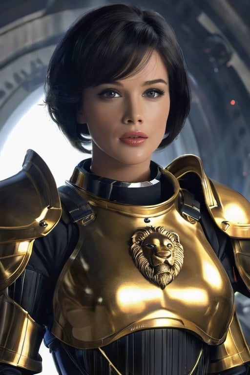 ((Masterpiece, best quality,edgQuality)),solo,1girl,edgAdepta, looking at viewer, short hair, black hair, upper body, lips, realistic ,wearing gold and black power armor,shoulder armor, lion emblem shoulderpad,EDGADEPTA,ChiriMaina,mechanical eye, sci-fi knight helmet under arm