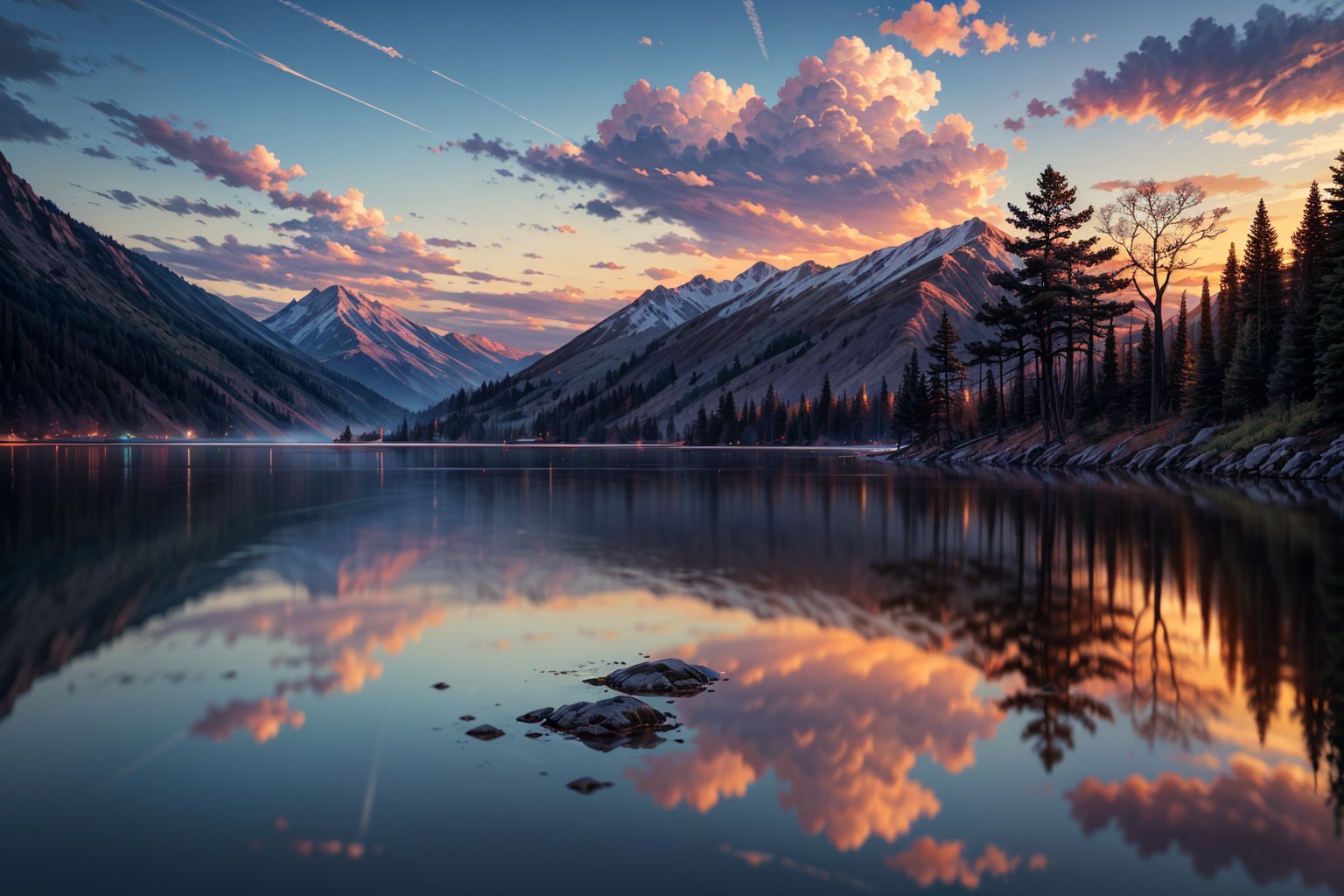 pic of a magnificent sunset over a mountainous landscape, where the high peaks are bathed in a golden light and the sky is painted with soft shades of orange and pink. The clouds extend in dramatic shapes, criando uma cena deslumbrante e serena. No primeiro plano, There is a tranquil lake reflecting the beauty of the sky, while silhouetted trees add a touch of mystery to the landscape. The balanced composition and vastness of nature captured in a convey a sense of calm and wonder at the grandeur of the natural setting. 