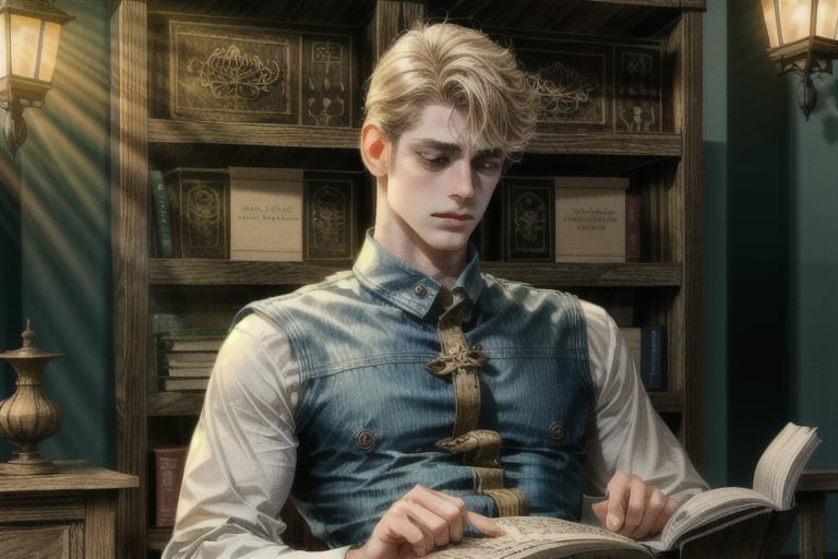 A young boy sits on a worn wooden table, surrounded by towering shelves of ancient tomes and leather-bound books. Soft golden light spills from overhead lamps, illuminating his curious face as he pours over an open book, his brow furrowed in concentration.