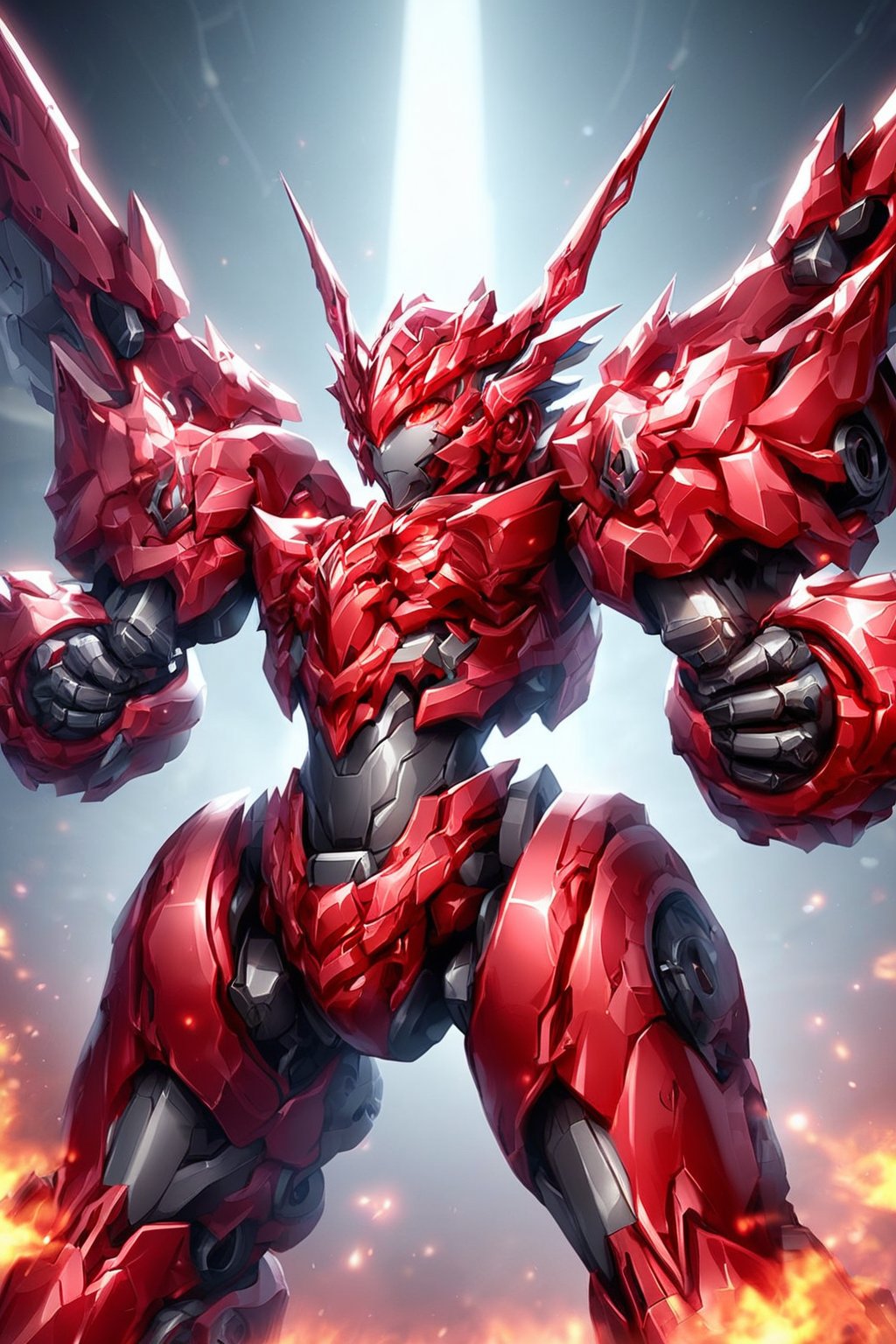 A solo mecha robot stands against a deep red backdrop, its upper body illuminated by an intense glow. Red eyes burn bright as it holds a futuristic gun in a firm grasp, the metal weapon reflected in its metallic visage. The mecha's pose exudes confidence and power, surrounded only by darkness and the fiery hue of its surroundings.,assault rifle